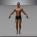 Muscular Male Character 3D Render Standing in Black Shorts with Arms Extended