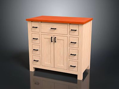 Modern Wooden Storage Cabinet With Orange Countertop And Multiple Drawers And Doors 3d model