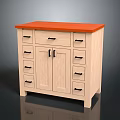 Modern Wooden Storage Cabinet With Orange Countertop And Multiple Drawers And Doors