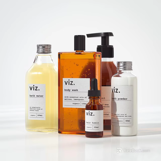 Viz Bathroom Toiletries Collection With Bath Water Body Wash And Powder Bottles 3d model 