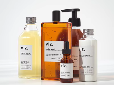Viz Bathroom Toiletries Collection With Bath Water Body Wash And Powder Bottles 3d model