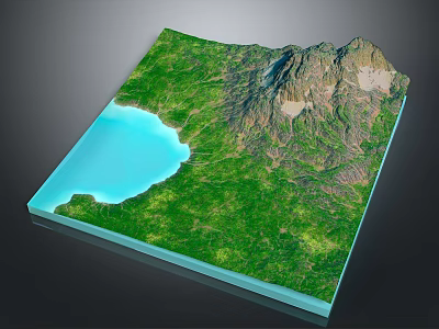 3D Modeled Garden Landscape Design With Lush Green Vegetation Blue Water Body And Mountain Range 3d model