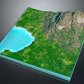 3D Modeled Garden Landscape Design With Lush Green Vegetation Blue Water Body And Mountain Range