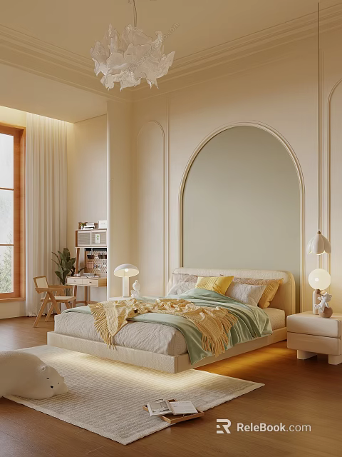 Cozy Modern Bedroom Interior Design With Arched Mirror Bedside Lamps And Soft Bedding 3d model 