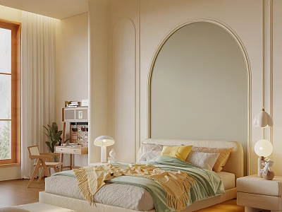 Cozy Modern Bedroom Interior Design With Arched Mirror Bedside Lamps And Soft Bedding 3d model