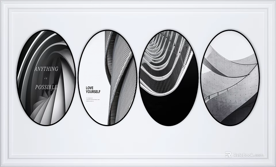 Modern Architectural Design Art With Black White Circular Prints And Inspirational Quotes 3d model 