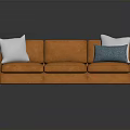 Modern Orange Sofa With White And Blue Cushions And Wooden Legs
