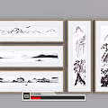Chinese Ink Landscape Paintings With Mountains Water Birds Boat Waterfall And Pine Trees