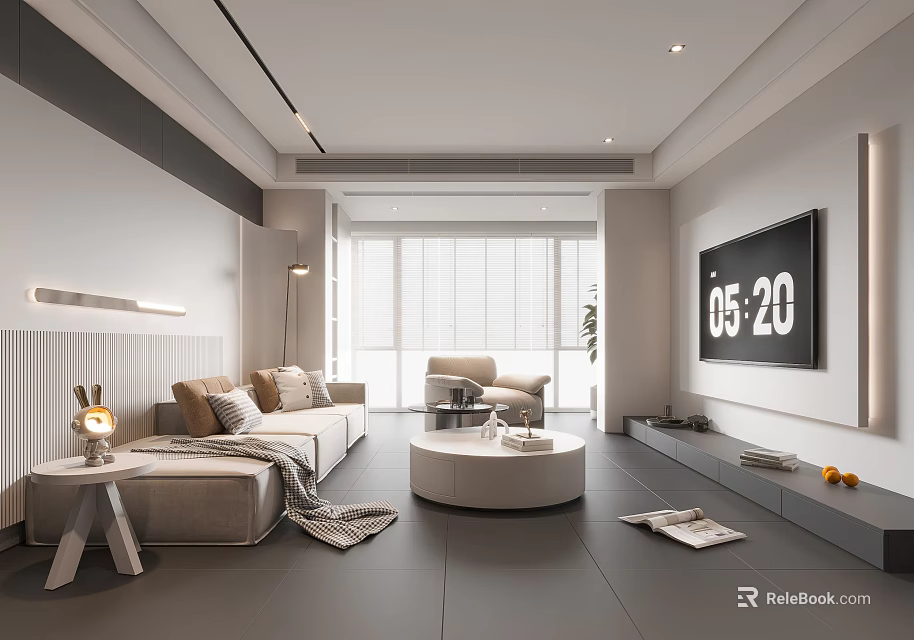 Modern Living Room Interior With Sofa Round Coffee Table TV Floor to Ceiling Window Blinds 3d model 