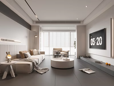 Modern Living Room Interior With Sofa Round Coffee Table TV Floor to Ceiling Window Blinds 3d model