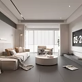 Modern Living Room Interior With Sofa Round Coffee Table TV Floor to Ceiling Window Blinds