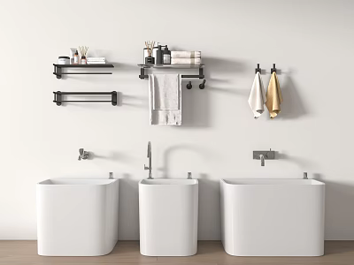 Clean Modern Bathroom Interior With Three White Sinks Wall Shelves Towel Racks And Toiletries 3d model