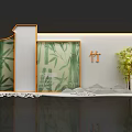 Bamboo Themed Decorative Display Design With Leaf Pattern Screens And Small Tree 3d model
