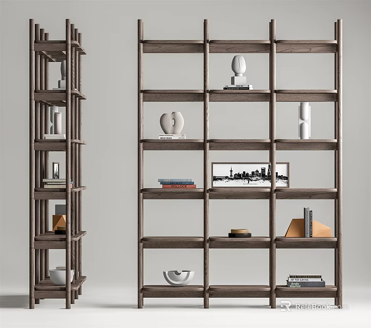Modern Wooden Bookcase Interior With Open Shelves Decorative Sculptures Books And Framed Art 3d model 