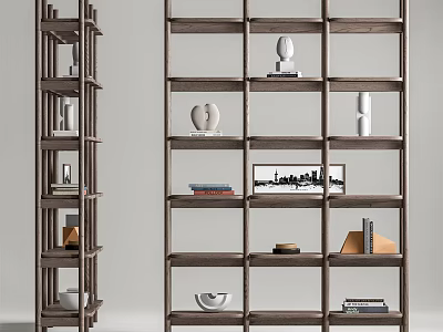 Modern Wooden Bookcase Interior With Open Shelves Decorative Sculptures Books And Framed Art 3d model