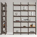 Modern Wooden Bookcase Interior With Open Shelves Decorative Sculptures Books And Framed Art