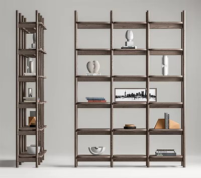 Modern Wooden Bookcase Interior With Open Shelves Decorative Sculptures Books And Framed Art 3d model