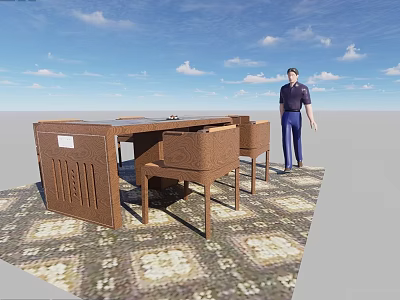 Wooden Tea Table And Chairs Set On Patterned Carpet Under Blue Sky With White Clouds 3d model