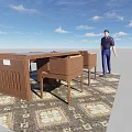 Wooden Tea Table And Chairs Set On Patterned Carpet Under Blue Sky With White Clouds