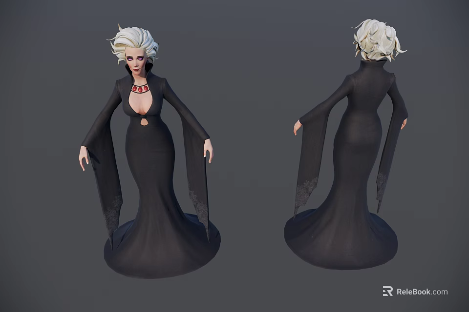 Elegant Woman With White Short Hair Black Long Dress Red Necklace And Long Sleeves 3d model 