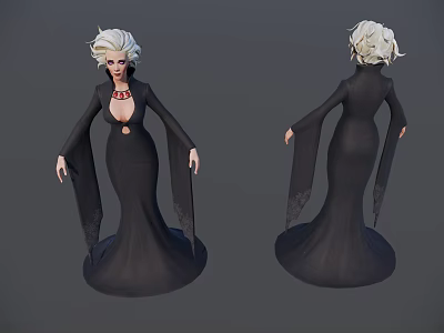 Elegant Woman With White Short Hair Black Long Dress Red Necklace And Long Sleeves 3d model