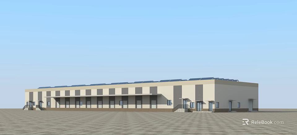 Industrial Factory Building With Modern Design Long Structure Multiple Loading Docks And Flat Roof 3d model