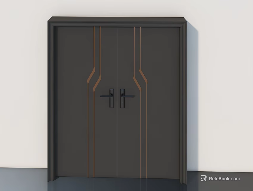 Modern Dark Gray Double Doors With Orange Accent Lines And Black Handles 3d model 