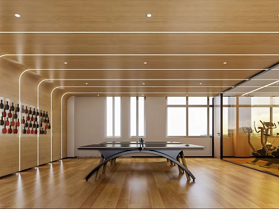 Sports Fitness Indoor Space With Ping Pong Table Fitness Equipment Wooden Flooring And Large Windows 3d model
