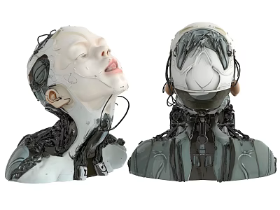 Futuristic Artistic Decorative Sculpture Set With Two Head Models And Mechanical Human Fusion Details 3d model