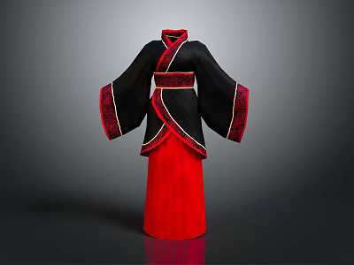 Woman Wearing Traditional Black Red Robe With Red Sash And Cuffs Design 3d model