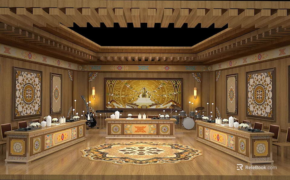 Traditional Temple Interior with Wooden Structure Ornate Mural Altar Table and Intricate Carpet 3d model 