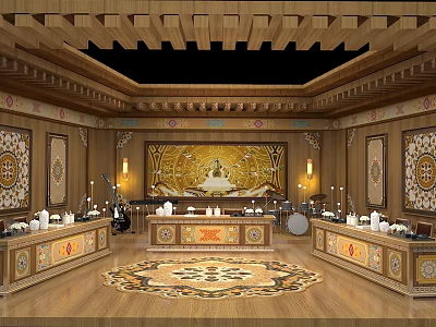 Traditional Temple Interior with Wooden Structure Ornate Mural Altar Table and Intricate Carpet 3d model