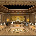 Traditional Temple Interior with Wooden Structure Ornate Mural Altar Table and Intricate Carpet