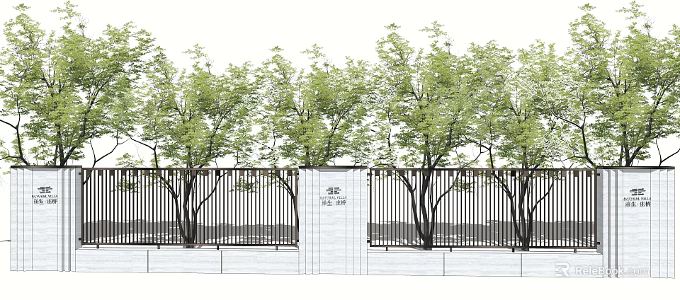 Modern Building Facade Design With Black Metal Railings And Green Trees Around 3d model 