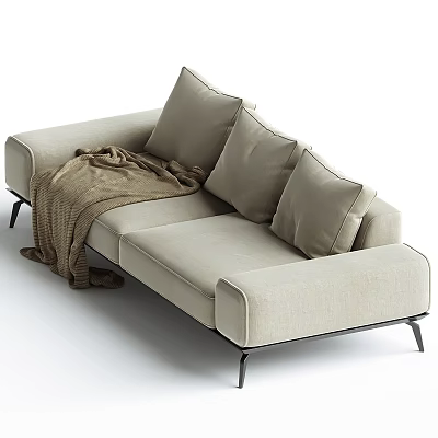 Modern Light Beige Sectional Sofa With Accent Pillows Woven Throw Blanket And Black Metal Legs 3d model