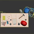 Man Packing Work Gear With Red Safety Helmet Black Water Bottle Tools And Backpacks On Table