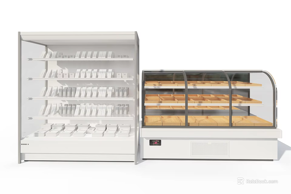 White Open Display Shelves With Multi Layer Refrigerated Showcase And Wooden Glass Doors 3d model 