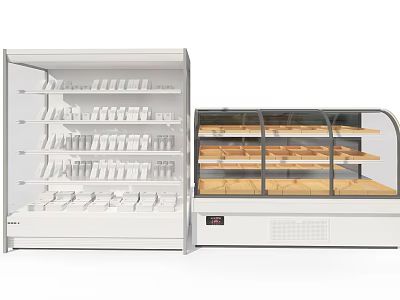 White Open Display Shelves With Multi Layer Refrigerated Showcase And Wooden Glass Doors 3d model