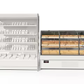 White Open Display Shelves With Multi Layer Refrigerated Showcase And Wooden Glass Doors
