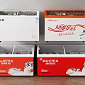 HuaMei And AUCMA White And Red Freezers With Transparent Lids And Visible Frozen Contents