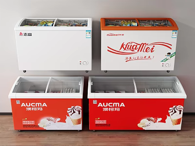 HuaMei And AUCMA White And Red Freezers With Transparent Lids And Visible Frozen Contents 3d model