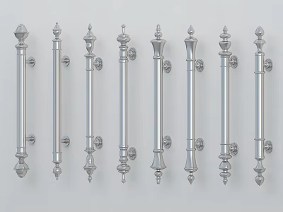 Silver Door Handles with Various Intricate Designs Neatly Arranged for Home Furniture 3d model