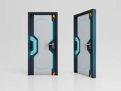 Sleek Modern Swing Doors With White Panels Blue Illuminated Lines Black Frames And Yellow Accents 3d model