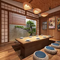 Traditional Japanese Tatami Private Room With Wooden Structure Long Table Tatami Seats And Decorative Paintings