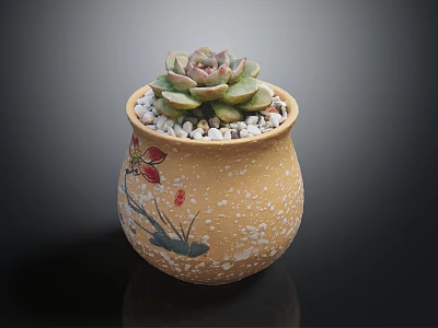 Succulent Plant in Yellow Ceramic Pot with Painted Red Flowers Green Leaves and White Pebbles 3d model
