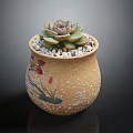 Succulent Plant in Yellow Ceramic Pot with Painted Red Flowers Green Leaves and White Pebbles