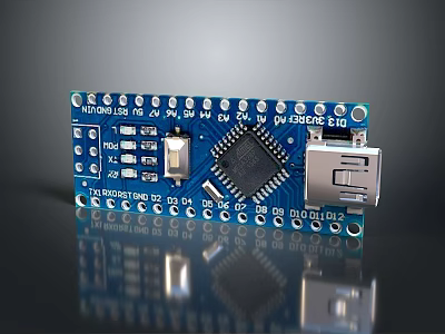 Blue Printed Circuit Board With Microcontroller Chip USB Port And Components 3d model