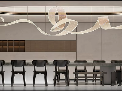 Modern Conference Room Interior Design With Wavy Chandelier Long Table And Black Chairs 3d model