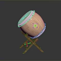 Brass Musical Drum With White Drumhead On Wooden Stand And Emblem