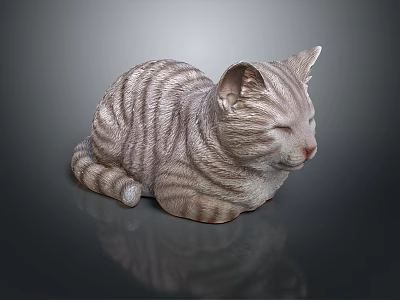Striped Cat Sculpture Lying Down With Closed Eyes On Reflective Surface 3d model